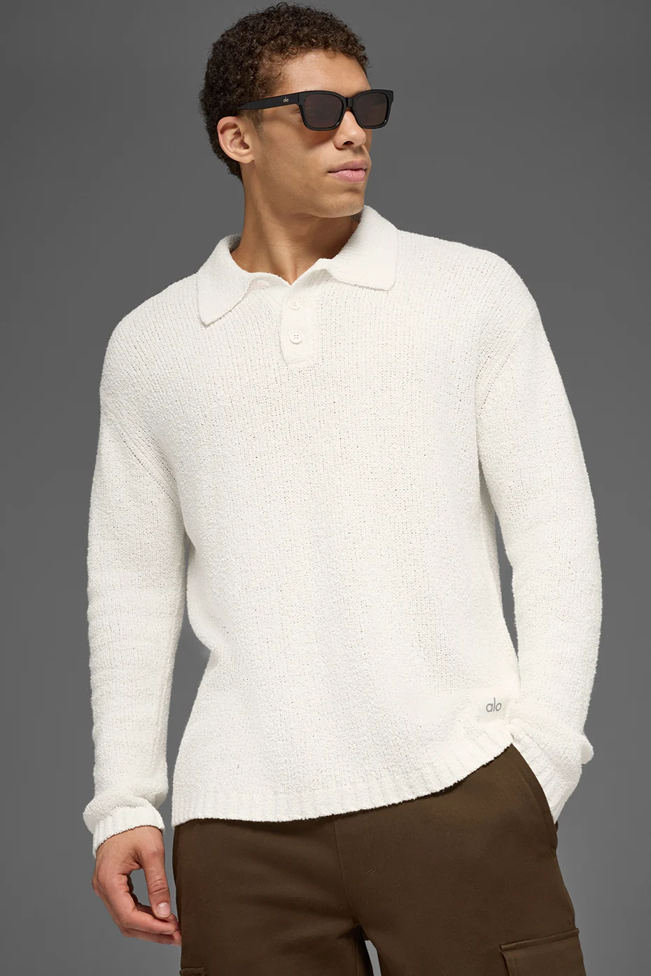 Textured Knit Long Sleeve Polo - Ivory - Image 3
