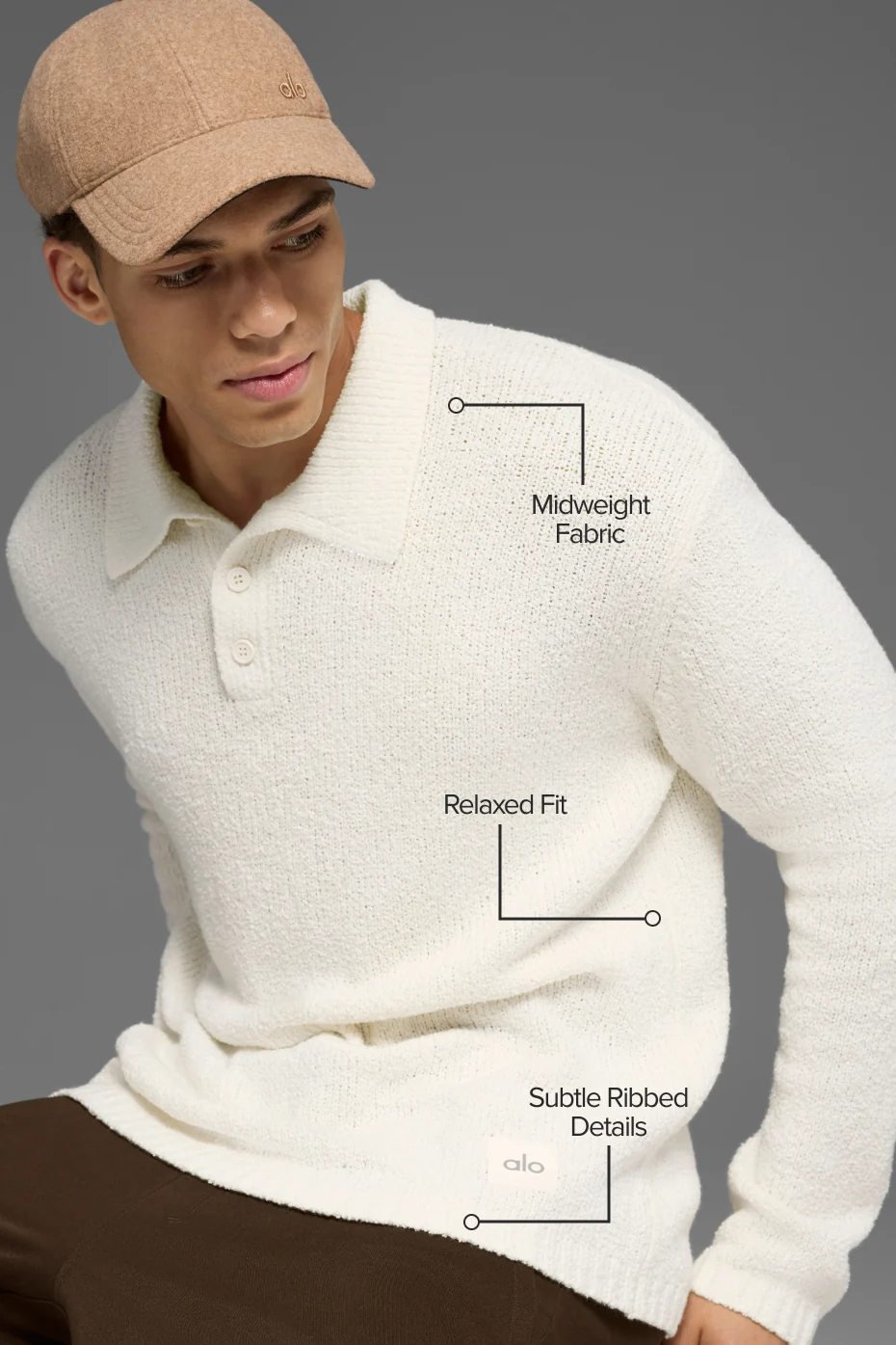 Textured Knit Long Sleeve Polo - Ivory - Image 2