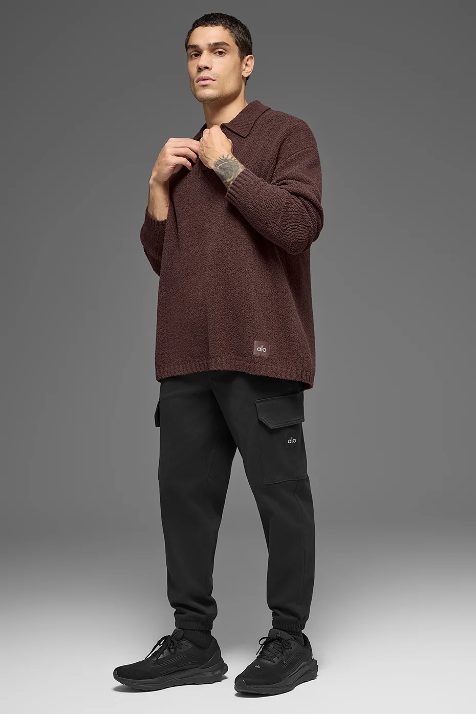 Textured Knit Long Sleeve Polo - Brownstone - Image 5