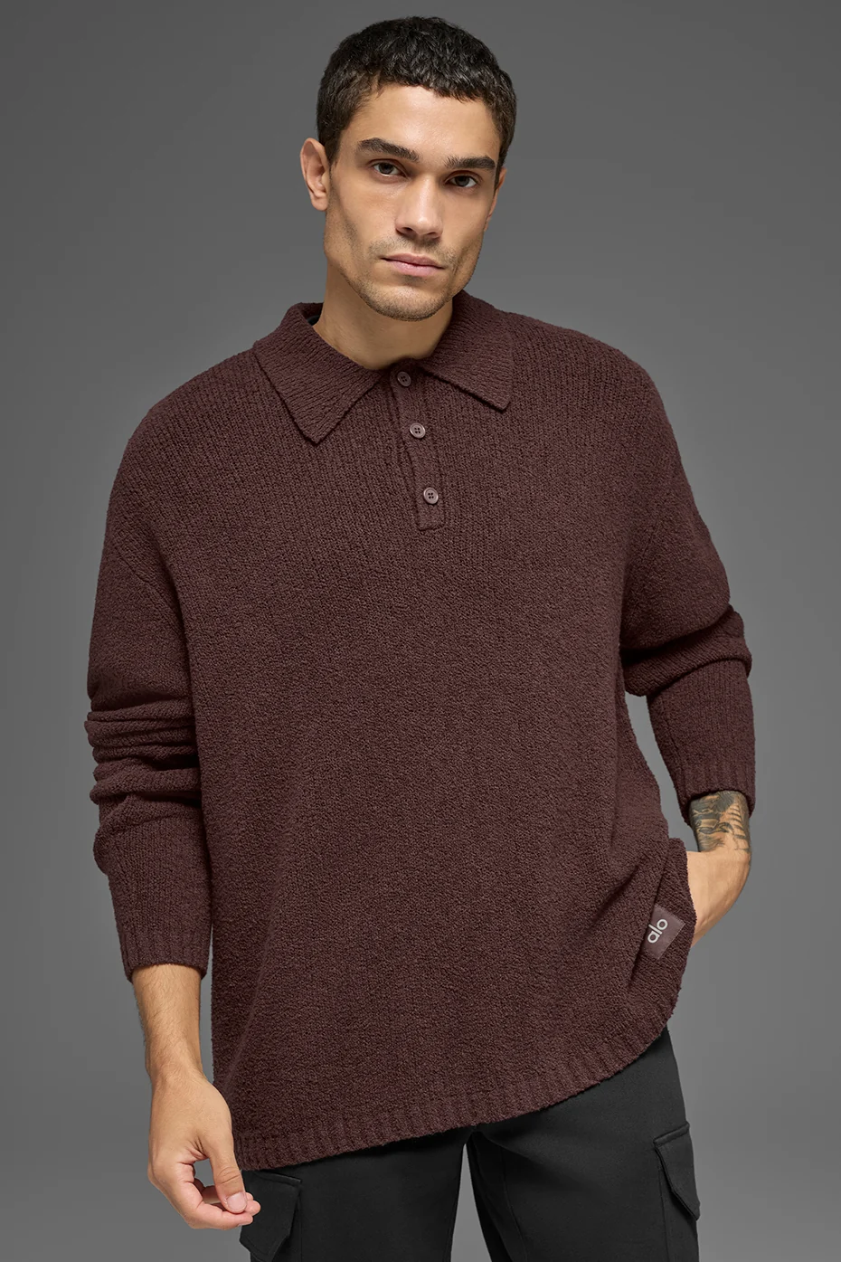 Textured Knit Long Sleeve Polo - Brownstone - Image 2