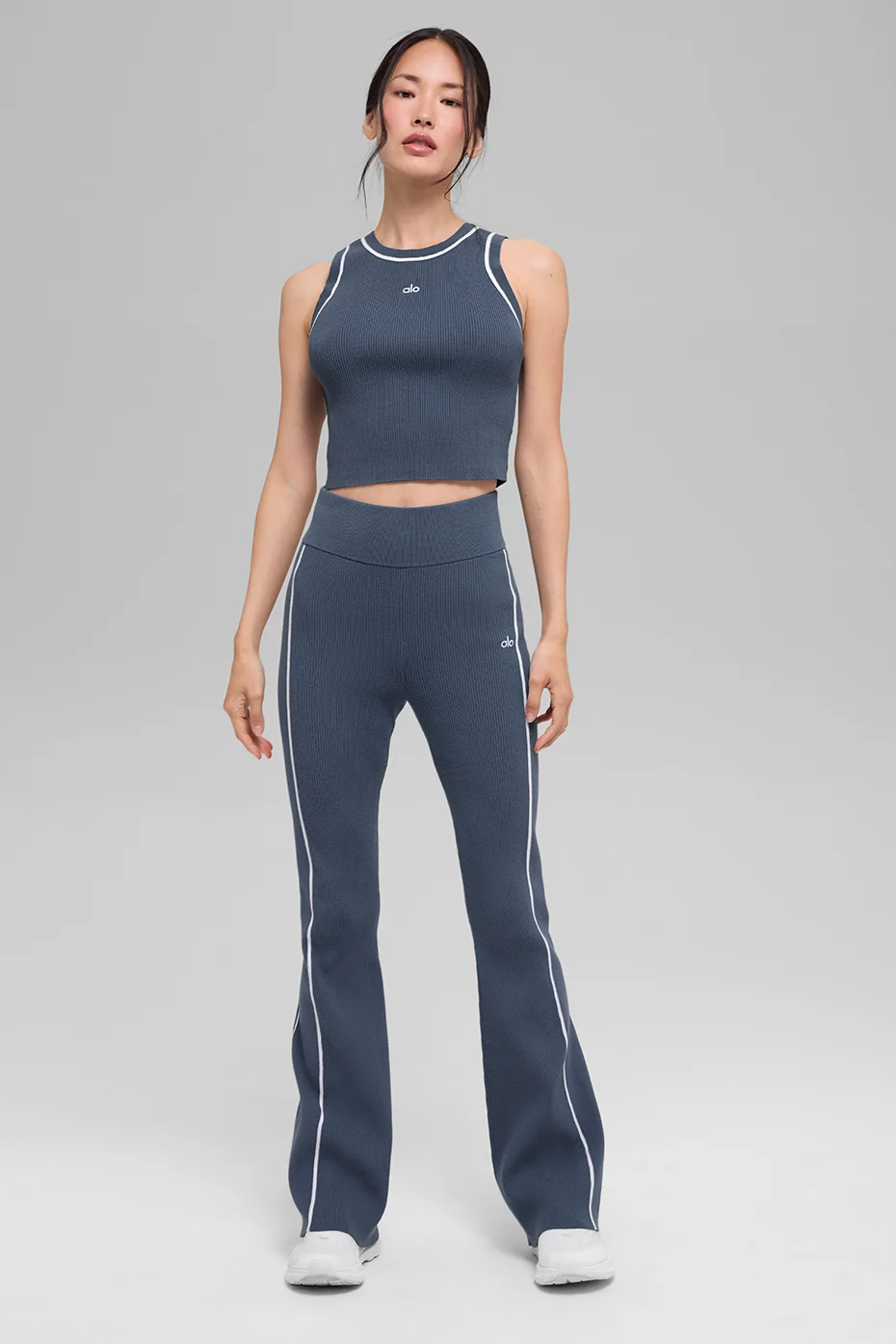 Ribbed Sweater Knit Highline Cropped Tank - Bluestone/White - Image 5