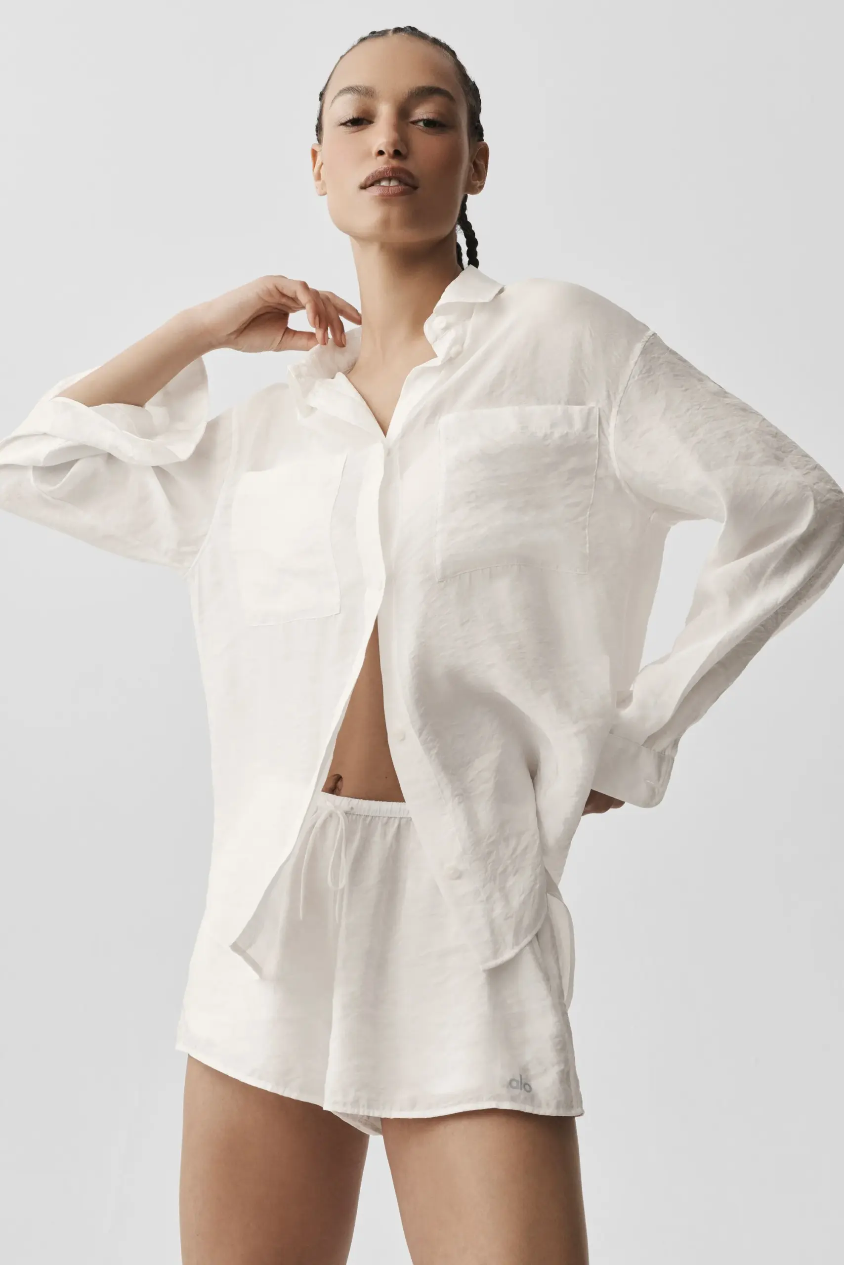 Semi-Sheer Golden Hour Button Down Long Sleeve - Ivory - Image 3