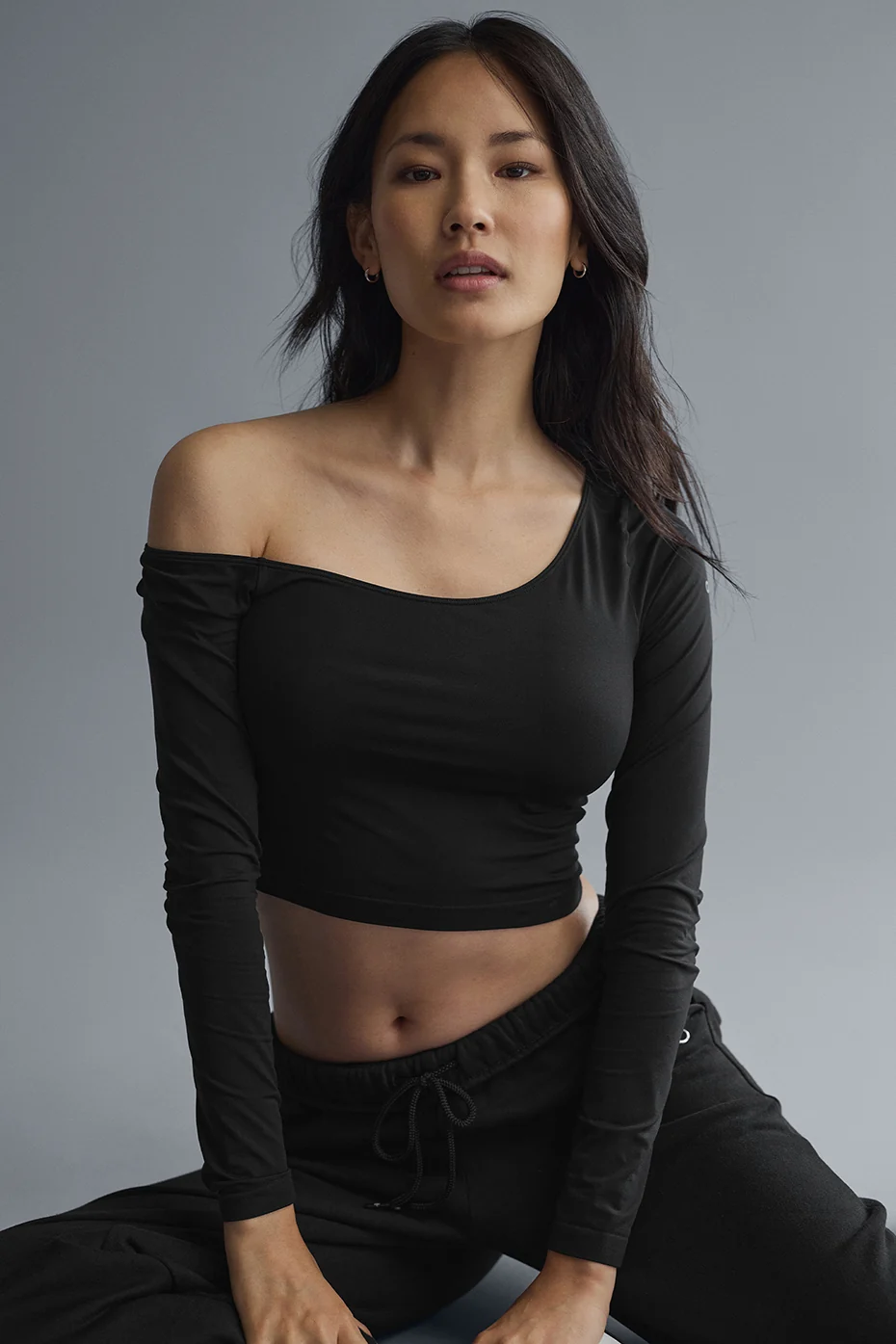 Asymmetric Sheer Glow Long Sleeve - Black - Image 5