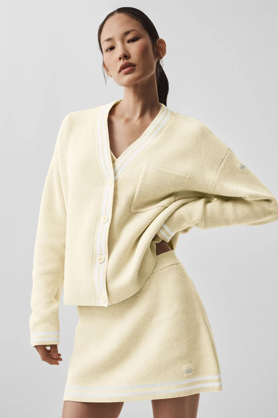 Tennis Club Sweater Knit Cardigan - Oatmeal/White - Image 5