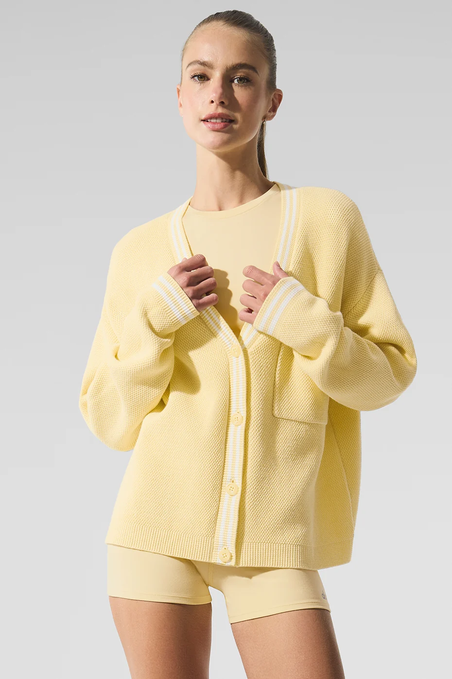 Tennis Club Sweater Knit Cardigan - Warm Butter/White - Image 5