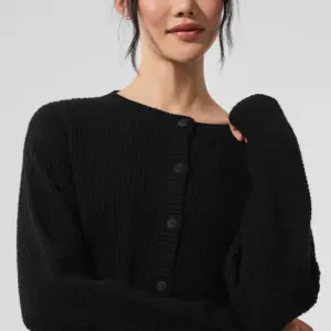 Cashmere Plush Waffle Cardigan - Black