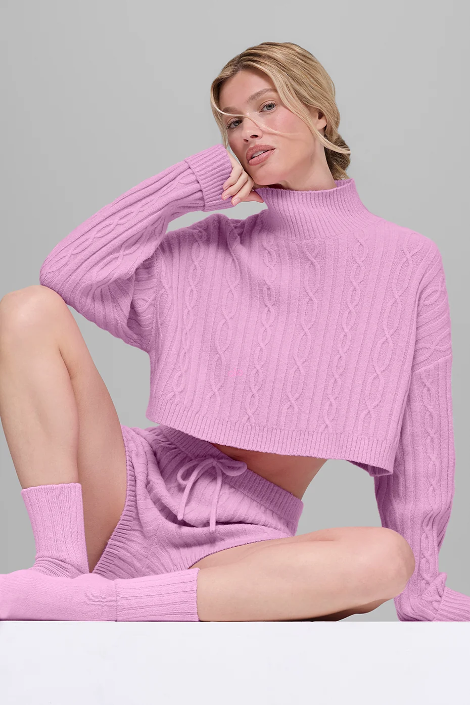 Cable Knit Cropped Winter Bliss Turtleneck Long Sleeve - Candy Heart Pink - Image 5