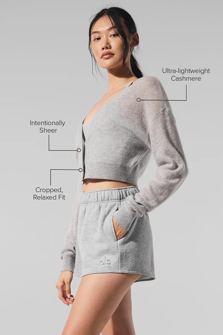 Sheer Cashmere Cropped Cardigan - Athletic Heather Grey - Image 2