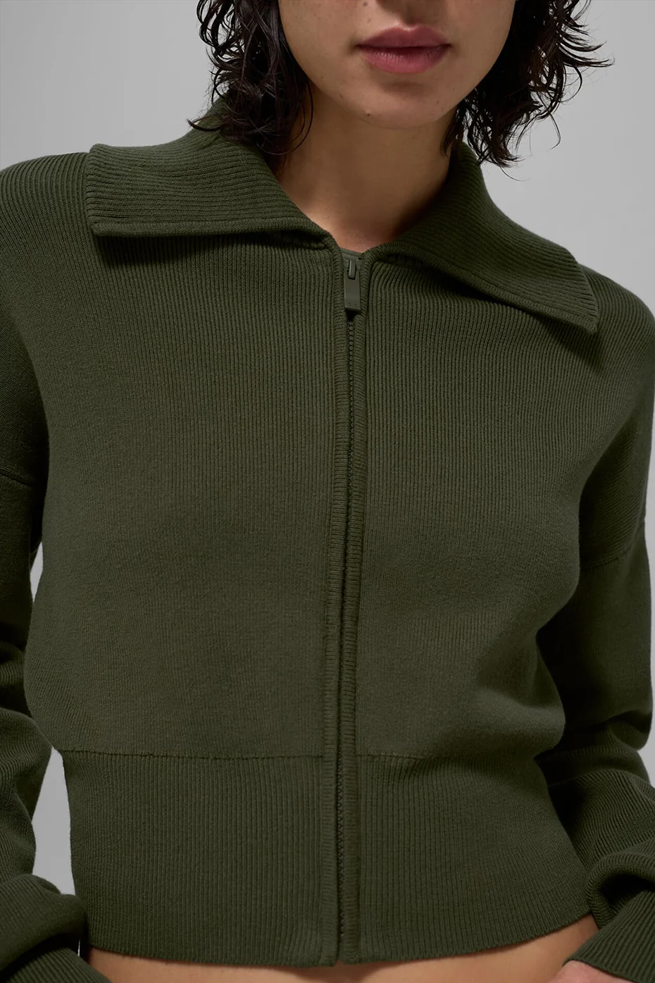 Scholar Knit Cropped Full Zip Jacket - Green Olive - Image 2