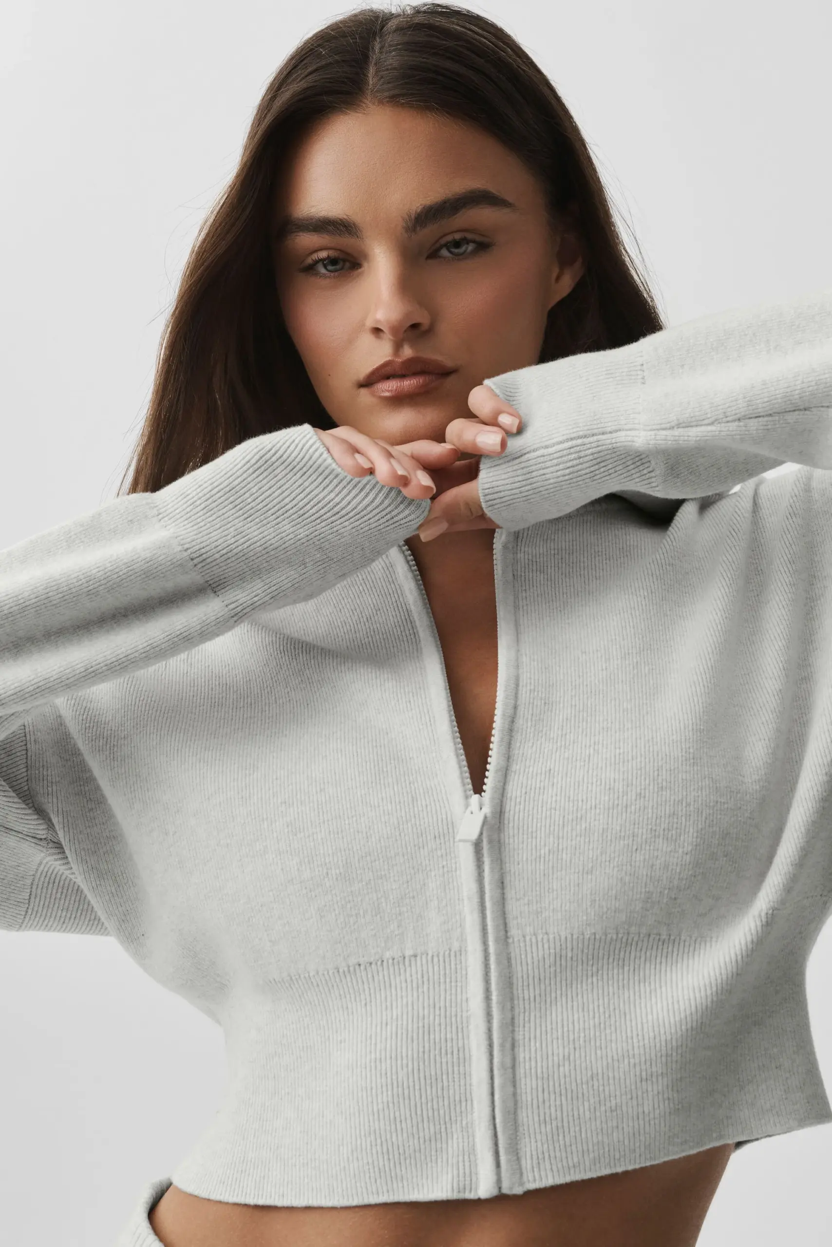 Scholar Knit Cropped Full Zip Jacket - White Heather - Image 5