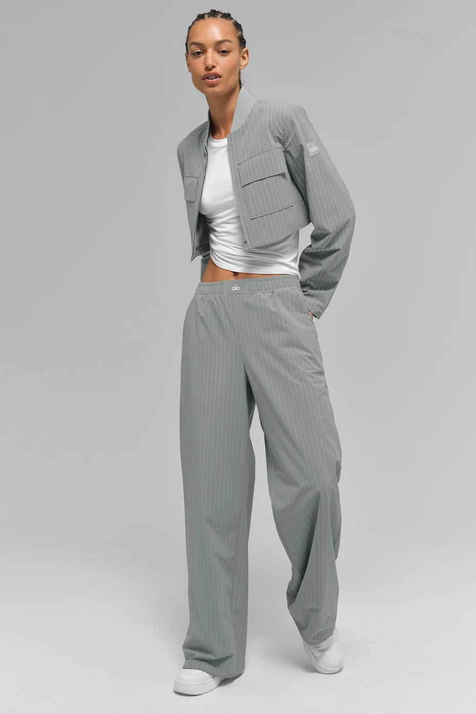 Cropped Pinstripe Main Character Full Zip Jacket - Lunar Grey/White - Image 6