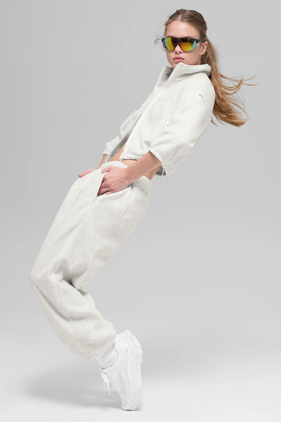 Polar Fleece Retreat Cropped Jacket - White Heather Grey - Image 4